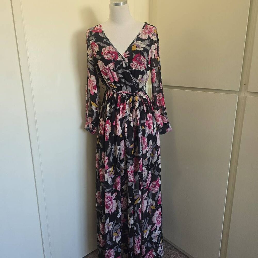 Miss California Blk Floral Print Chiffon Maxi Dress, Belt, Slit Sleeves, NWOT, S